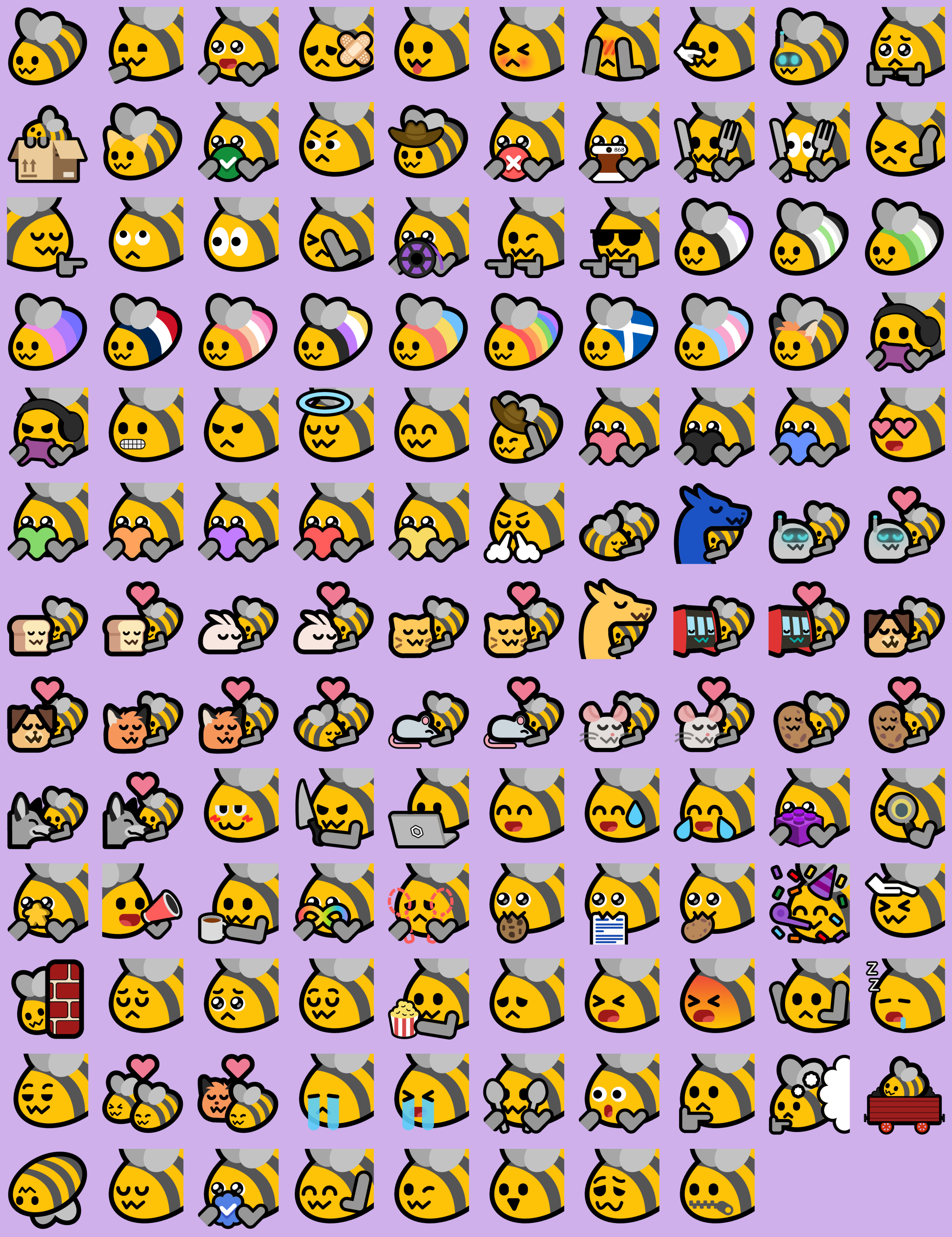 A grid of bee emojis with yellow faces, drawn with a similar style to neofox and neocat. Some of the bees have their grey and yellow stripes replaced with pride flag colours.