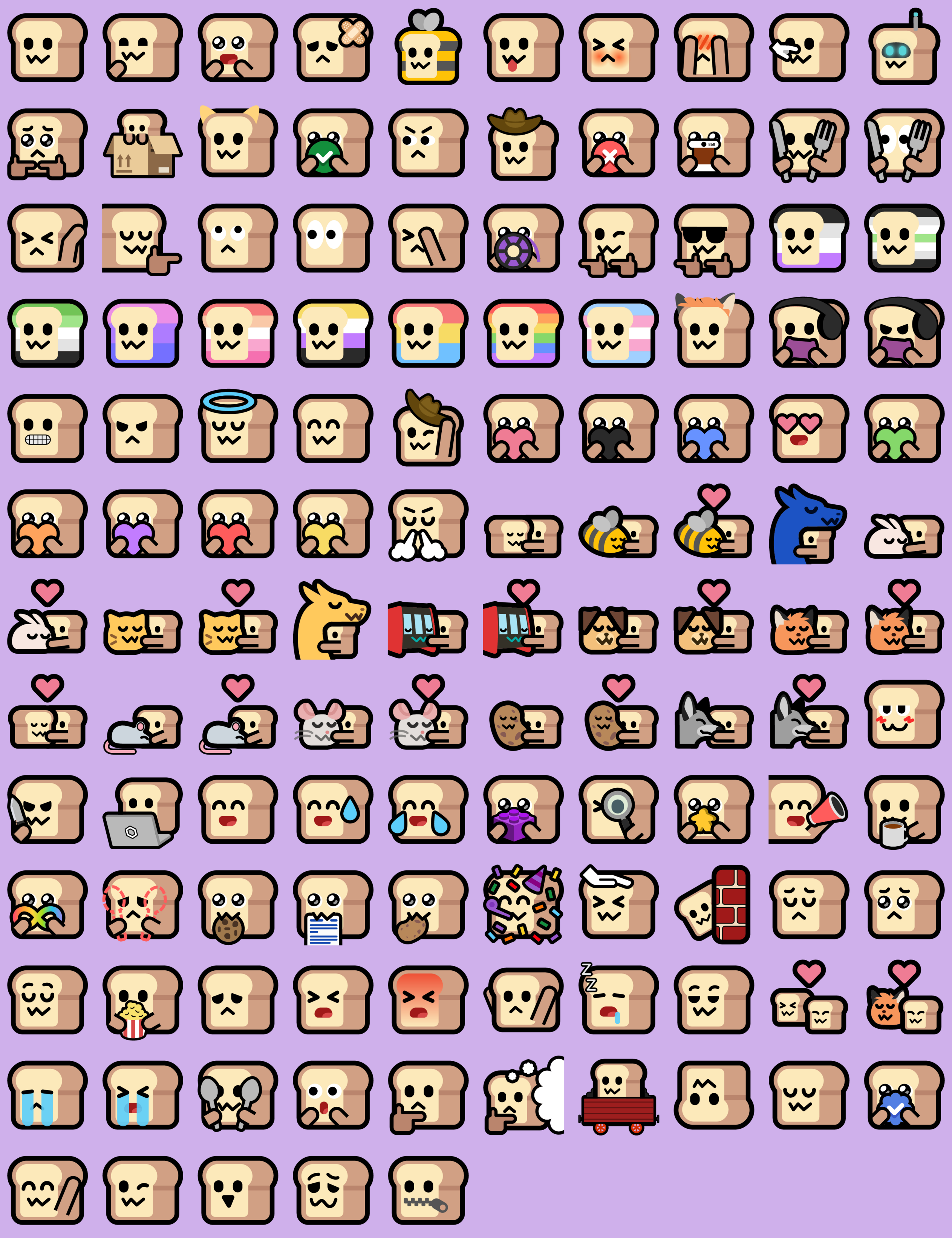 A grid of bread emojis making various expressions, drawn with a similar style to neofox and neocat. Some of the breads have the crust replaced with pride flag colours.